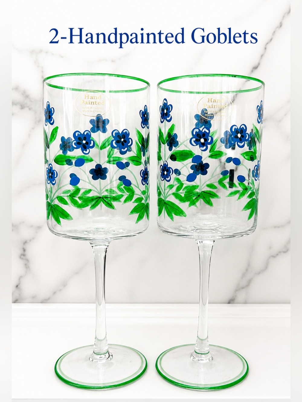 Handpainted Floral Goblets - Violets Blue & Green (Set of 2)
